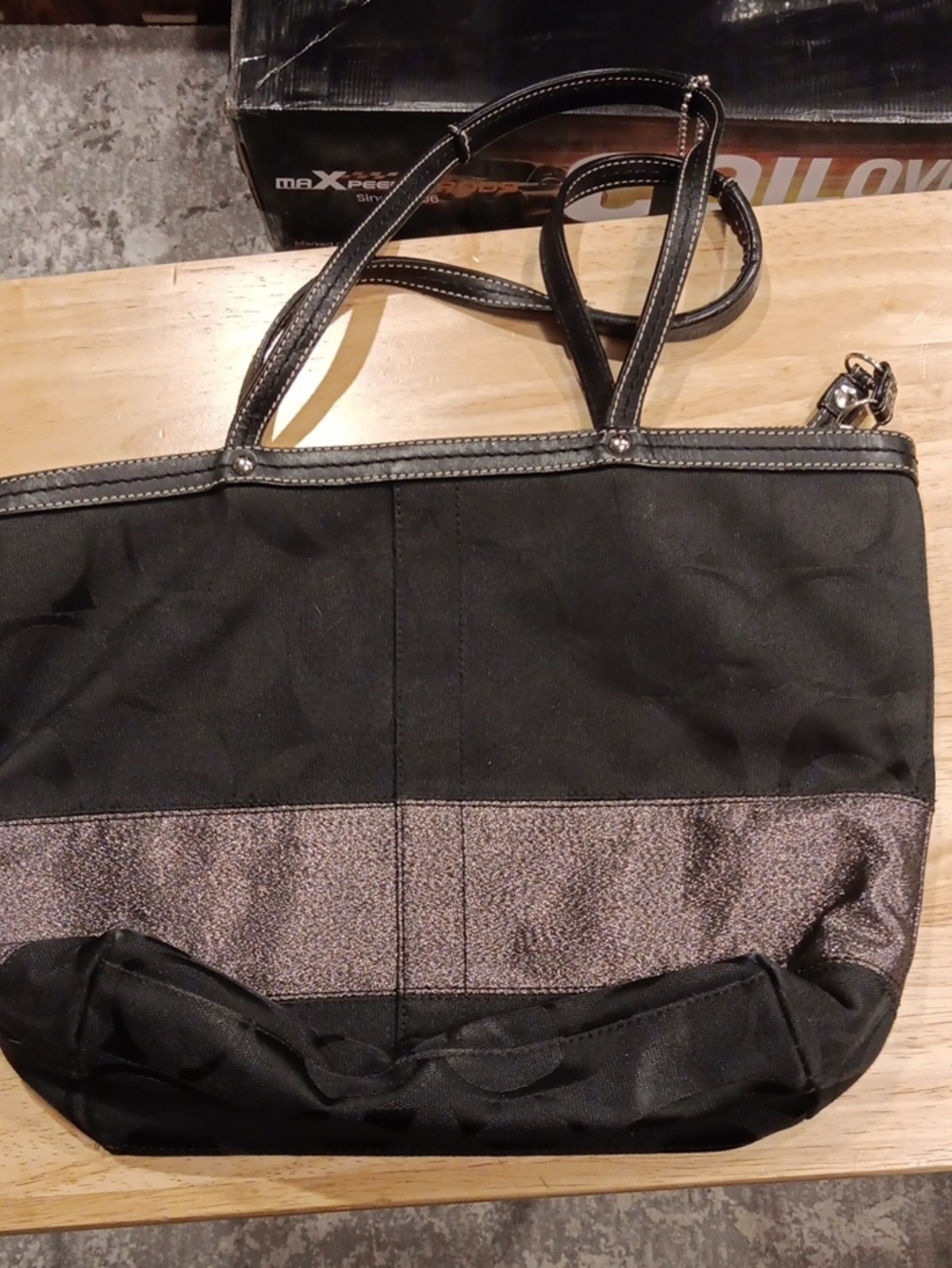 Coach Vintage Y2K Signature Stripe Metallic Shimmer Tote Bag Black Canvas Leathe